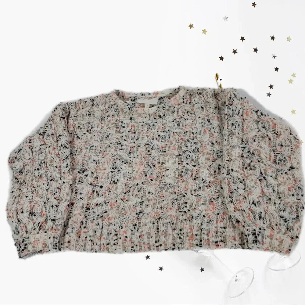 Jessica Simpson White Confetti Multi-Color Cropped Knit Sweater Ribbed Cuff Larg - Picture 9 of 14